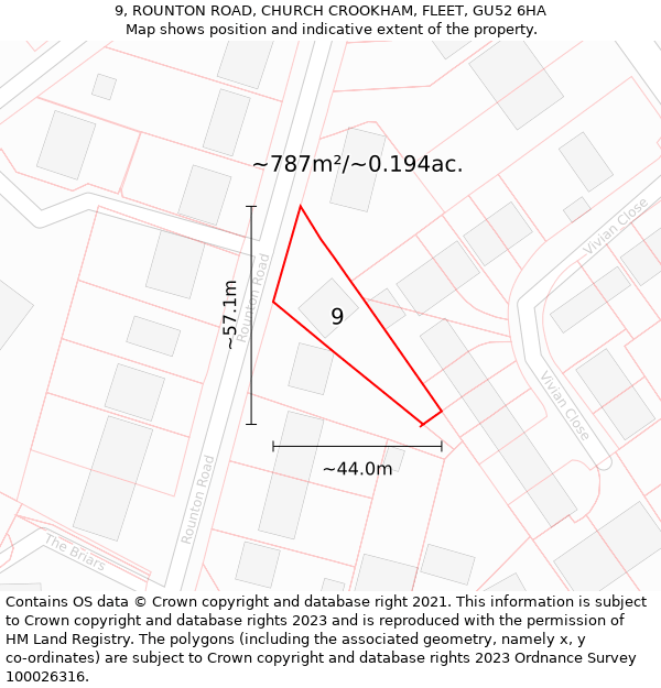 9, ROUNTON ROAD, CHURCH CROOKHAM, FLEET, GU52 6HA: Plot and title map