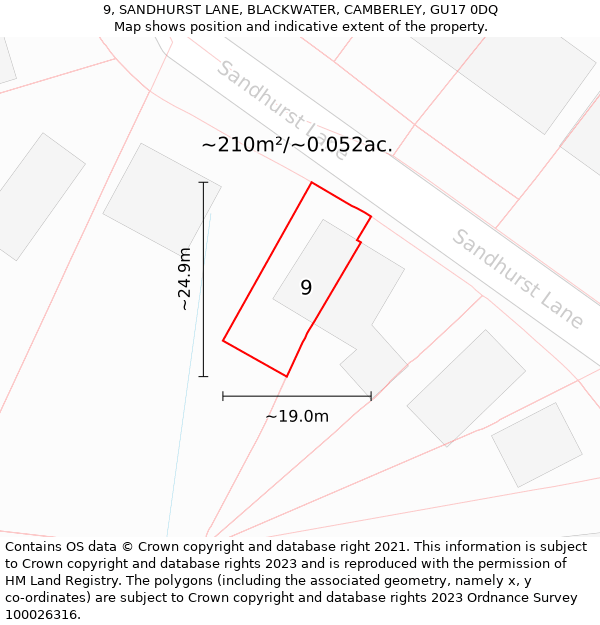 9, SANDHURST LANE, BLACKWATER, CAMBERLEY, GU17 0DQ: Plot and title map