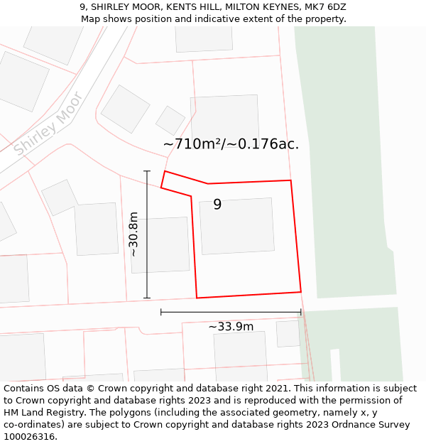 9, SHIRLEY MOOR, KENTS HILL, MILTON KEYNES, MK7 6DZ: Plot and title map