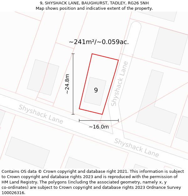 9, SHYSHACK LANE, BAUGHURST, TADLEY, RG26 5NH: Plot and title map