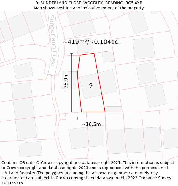 9, SUNDERLAND CLOSE, WOODLEY, READING, RG5 4XR: Plot and title map