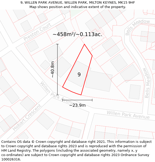 9, WILLEN PARK AVENUE, WILLEN PARK, MILTON KEYNES, MK15 9HF: Plot and title map