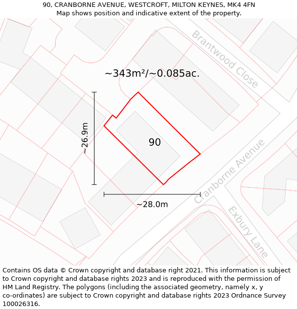 90, CRANBORNE AVENUE, WESTCROFT, MILTON KEYNES, MK4 4FN: Plot and title map