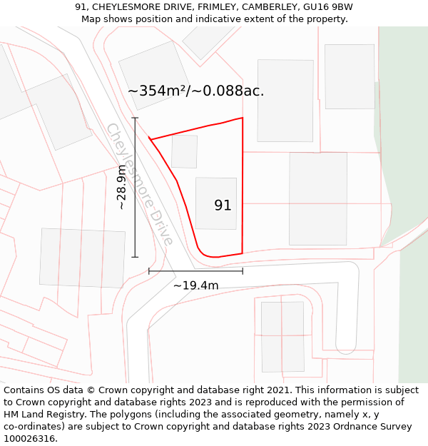 91, CHEYLESMORE DRIVE, FRIMLEY, CAMBERLEY, GU16 9BW: Plot and title map