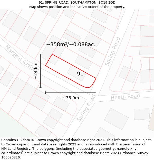 91, SPRING ROAD, SOUTHAMPTON, SO19 2QD: Plot and title map