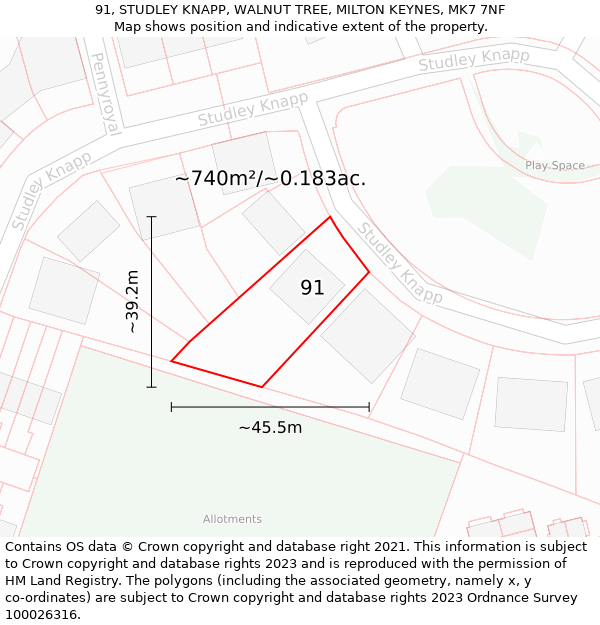 91, STUDLEY KNAPP, WALNUT TREE, MILTON KEYNES, MK7 7NF: Plot and title map