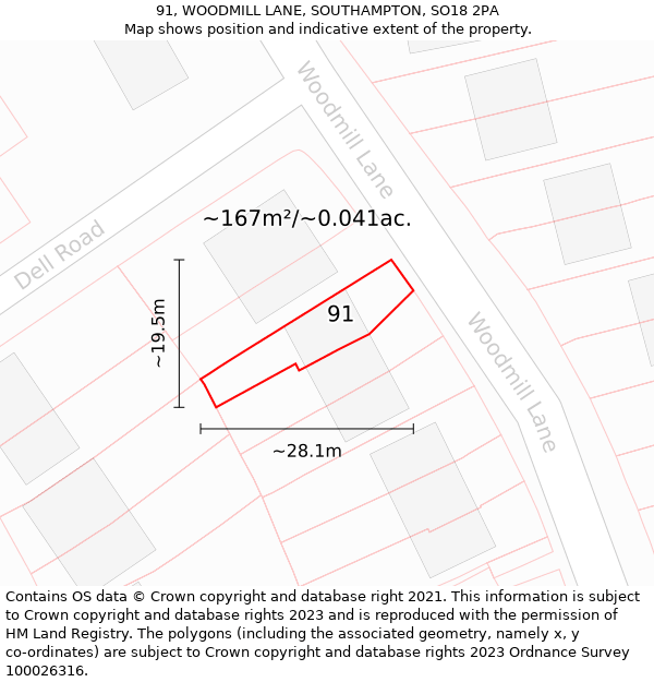 91, WOODMILL LANE, SOUTHAMPTON, SO18 2PA: Plot and title map