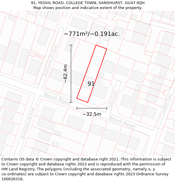 91, YEOVIL ROAD, COLLEGE TOWN, SANDHURST, GU47 0QH: Plot and title map