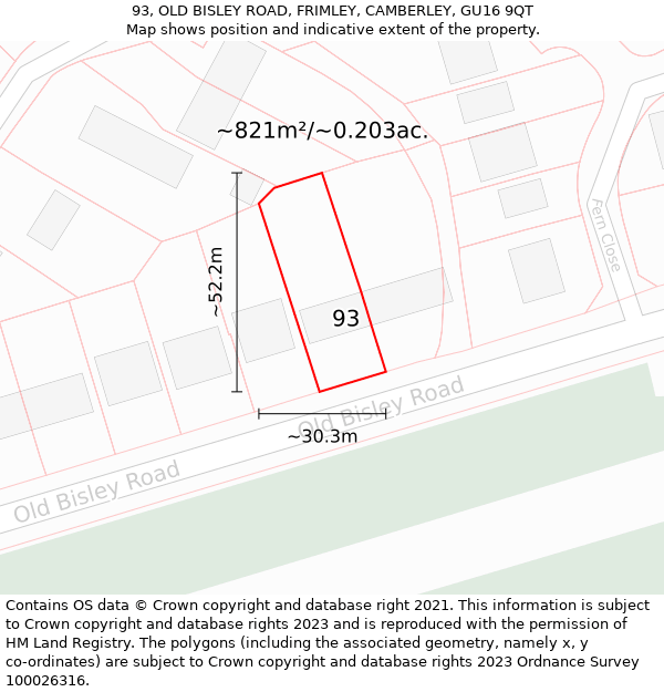 93, OLD BISLEY ROAD, FRIMLEY, CAMBERLEY, GU16 9QT: Plot and title map