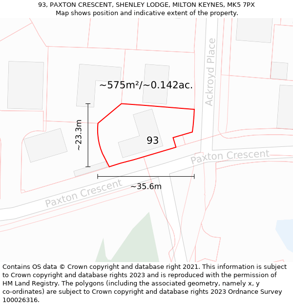 93, PAXTON CRESCENT, SHENLEY LODGE, MILTON KEYNES, MK5 7PX: Plot and title map