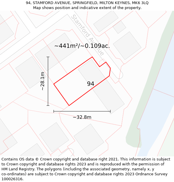 94, STAMFORD AVENUE, SPRINGFIELD, MILTON KEYNES, MK6 3LQ: Plot and title map