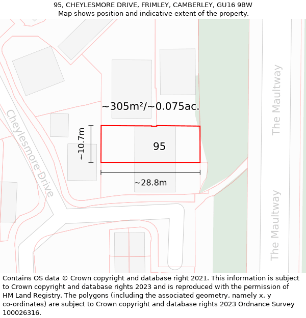 95, CHEYLESMORE DRIVE, FRIMLEY, CAMBERLEY, GU16 9BW: Plot and title map