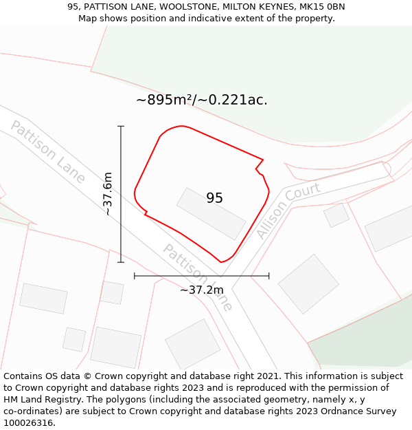 95, PATTISON LANE, WOOLSTONE, MILTON KEYNES, MK15 0BN: Plot and title map