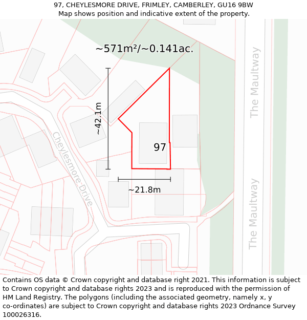 97, CHEYLESMORE DRIVE, FRIMLEY, CAMBERLEY, GU16 9BW: Plot and title map