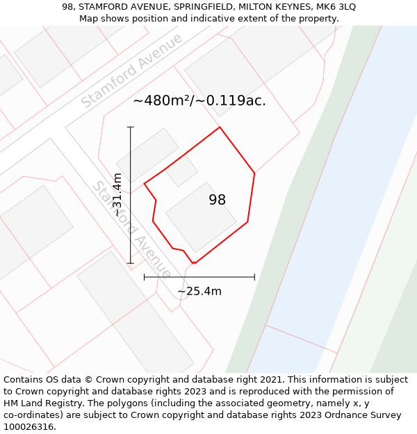 98, STAMFORD AVENUE, SPRINGFIELD, MILTON KEYNES, MK6 3LQ: Plot and title map