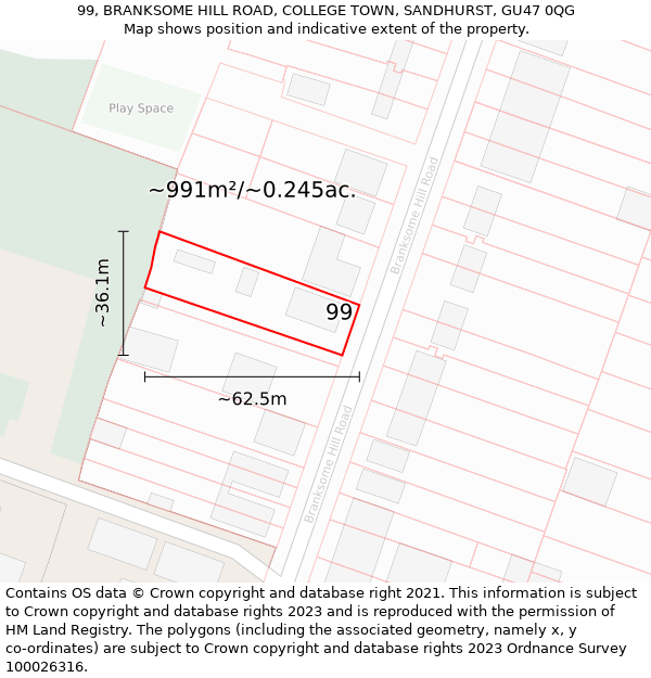 99, BRANKSOME HILL ROAD, COLLEGE TOWN, SANDHURST, GU47 0QG: Plot and title map