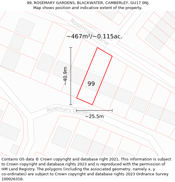 99, ROSEMARY GARDENS, BLACKWATER, CAMBERLEY, GU17 0NJ: Plot and title map