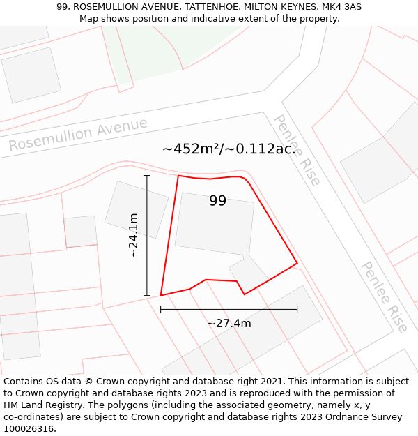 99, ROSEMULLION AVENUE, TATTENHOE, MILTON KEYNES, MK4 3AS: Plot and title map