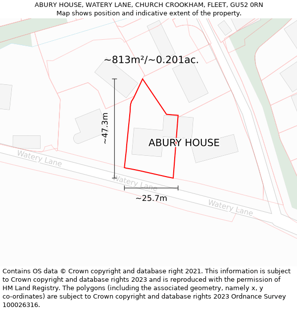 ABURY HOUSE, WATERY LANE, CHURCH CROOKHAM, FLEET, GU52 0RN: Plot and title map