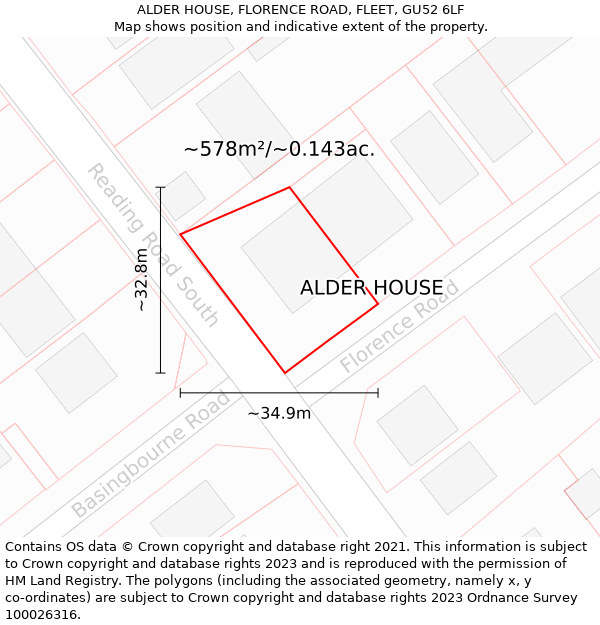 ALDER HOUSE, FLORENCE ROAD, FLEET, GU52 6LF: Plot and title map