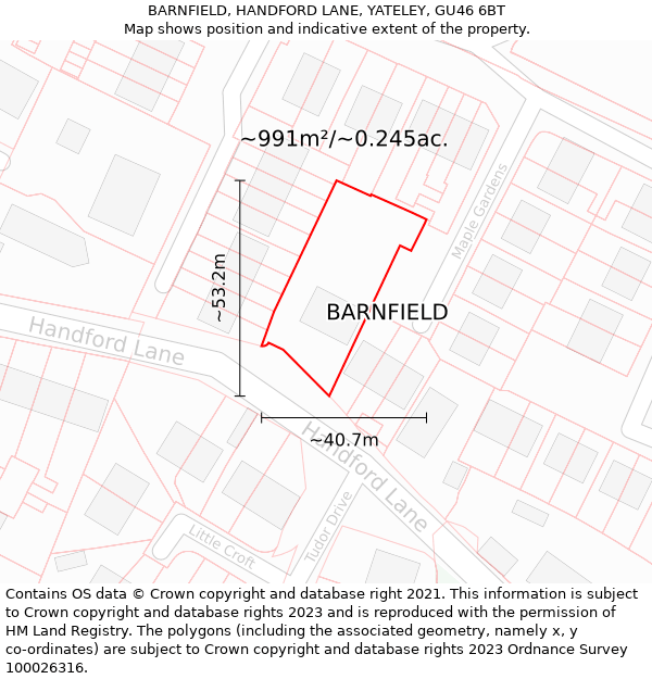 BARNFIELD, HANDFORD LANE, YATELEY, GU46 6BT: Plot and title map