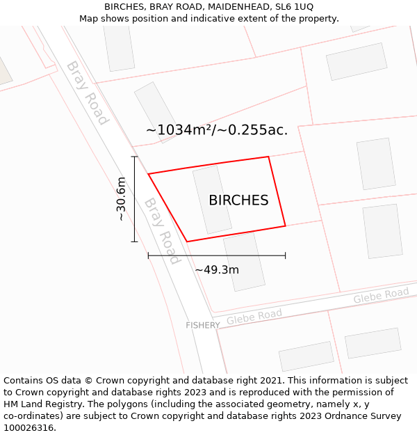 BIRCHES, BRAY ROAD, MAIDENHEAD, SL6 1UQ: Plot and title map