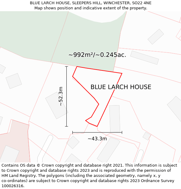 BLUE LARCH HOUSE, SLEEPERS HILL, WINCHESTER, SO22 4NE: Plot and title map