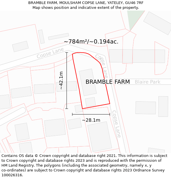 BRAMBLE FARM, MOULSHAM COPSE LANE, YATELEY, GU46 7RF: Plot and title map