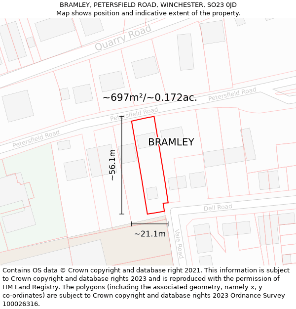 BRAMLEY, PETERSFIELD ROAD, WINCHESTER, SO23 0JD: Plot and title map