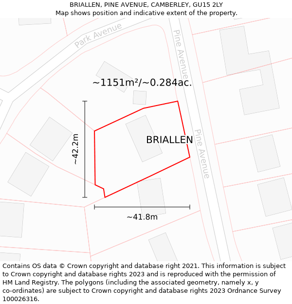 BRIALLEN, PINE AVENUE, CAMBERLEY, GU15 2LY: Plot and title map