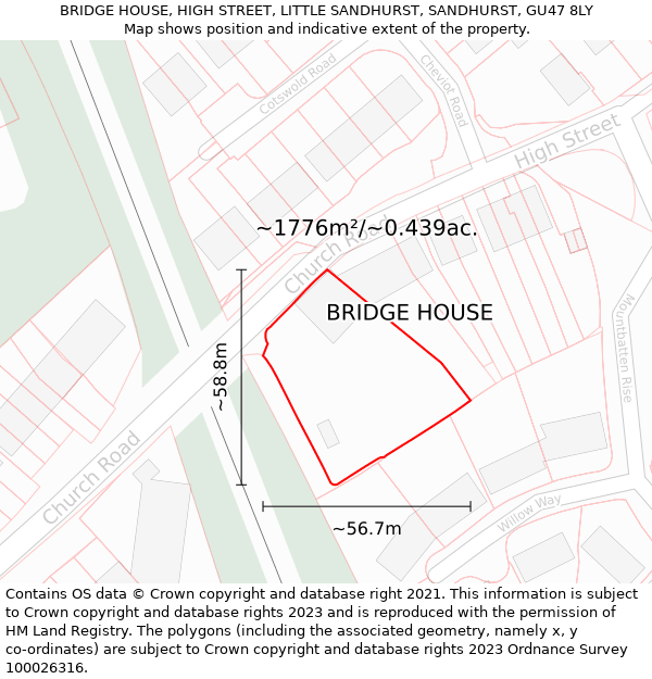 BRIDGE HOUSE, HIGH STREET, LITTLE SANDHURST, SANDHURST, GU47 8LY: Plot and title map