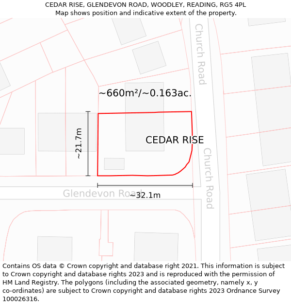CEDAR RISE, GLENDEVON ROAD, WOODLEY, READING, RG5 4PL: Plot and title map