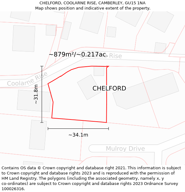CHELFORD, COOLARNE RISE, CAMBERLEY, GU15 1NA: Plot and title map