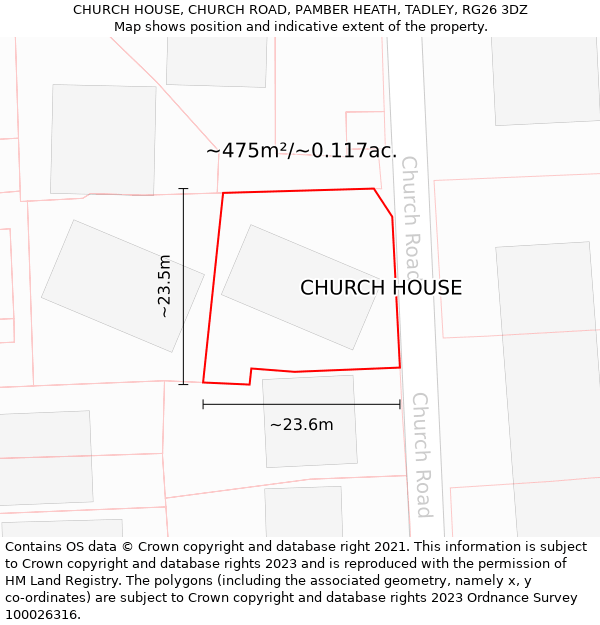 CHURCH HOUSE, CHURCH ROAD, PAMBER HEATH, TADLEY, RG26 3DZ: Plot and title map