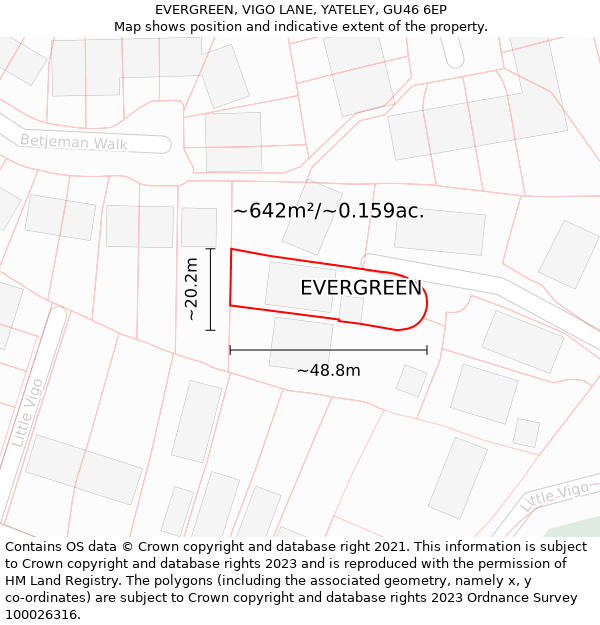 EVERGREEN, VIGO LANE, YATELEY, GU46 6EP: Plot and title map