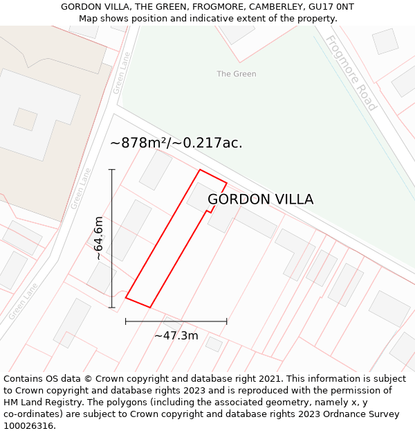 GORDON VILLA, THE GREEN, FROGMORE, CAMBERLEY, GU17 0NT: Plot and title map