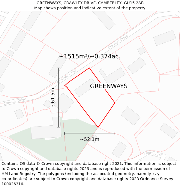 GREENWAYS, CRAWLEY DRIVE, CAMBERLEY, GU15 2AB: Plot and title map