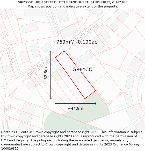 GREYCOT, HIGH STREET, LITTLE SANDHURST, SANDHURST, GU47 8LE: Plot and title map