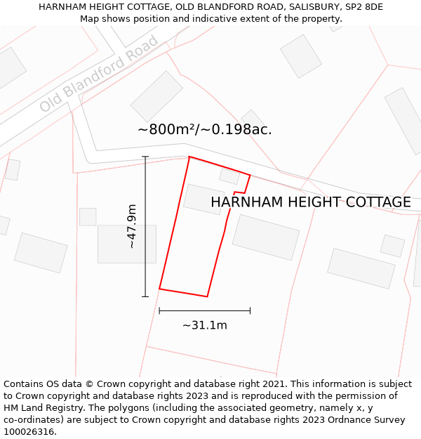 HARNHAM HEIGHT COTTAGE, OLD BLANDFORD ROAD, SALISBURY, SP2 8DE: Plot and title map