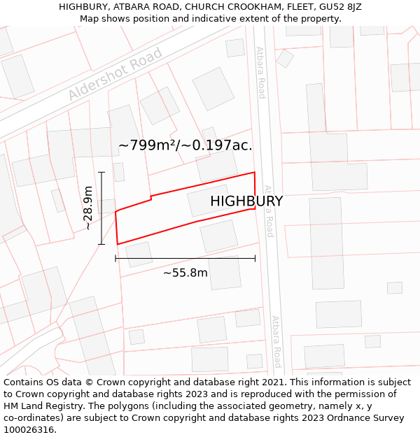 HIGHBURY, ATBARA ROAD, CHURCH CROOKHAM, FLEET, GU52 8JZ: Plot and title map