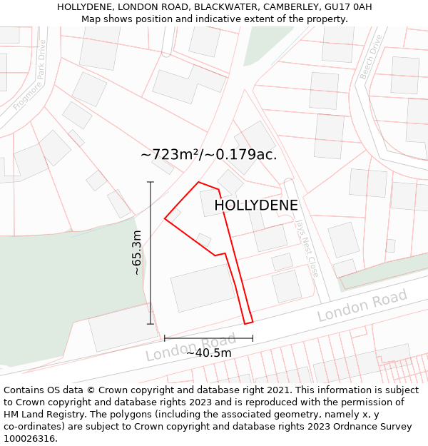 HOLLYDENE, LONDON ROAD, BLACKWATER, CAMBERLEY, GU17 0AH: Plot and title map