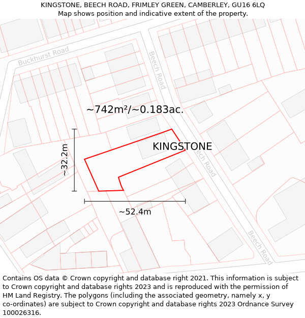 KINGSTONE, BEECH ROAD, FRIMLEY GREEN, CAMBERLEY, GU16 6LQ: Plot and title map