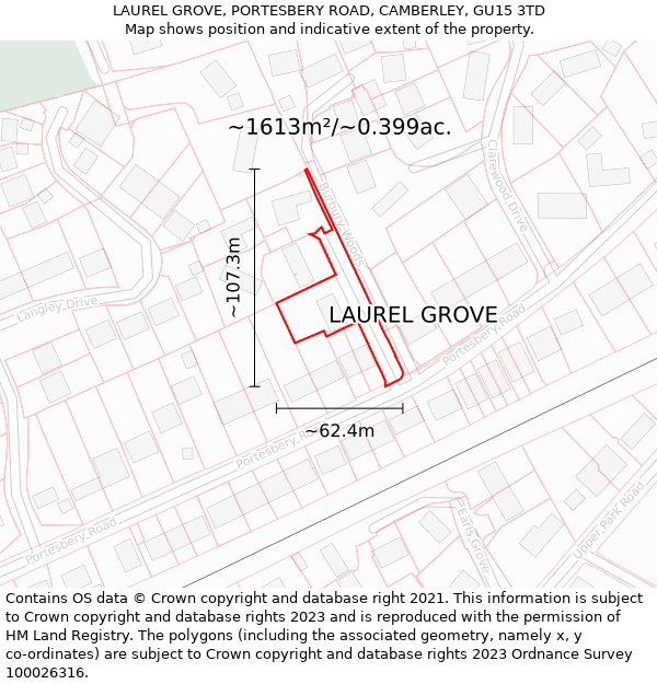 LAUREL GROVE, PORTESBERY ROAD, CAMBERLEY, GU15 3TD: Plot and title map