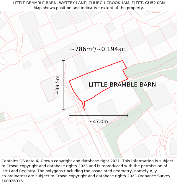 LITTLE BRAMBLE BARN, WATERY LANE, CHURCH CROOKHAM, FLEET, GU52 0RN: Plot and title map