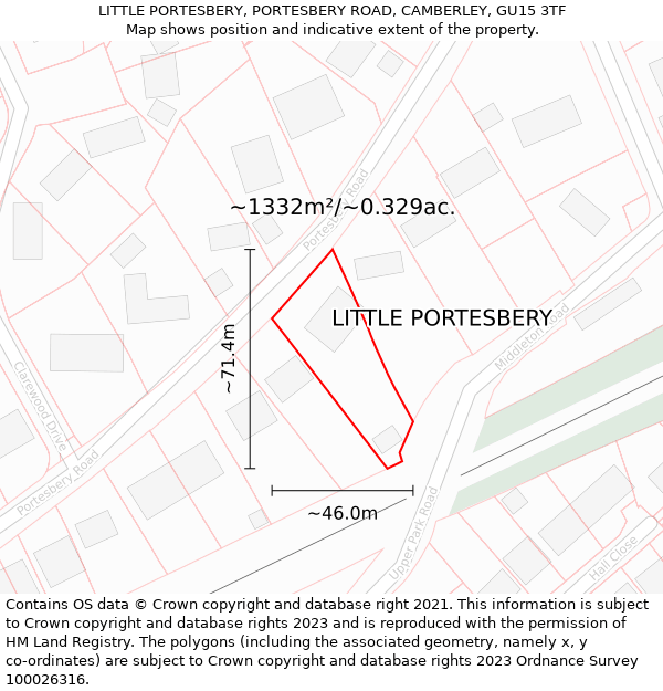 LITTLE PORTESBERY, PORTESBERY ROAD, CAMBERLEY, GU15 3TF: Plot and title map