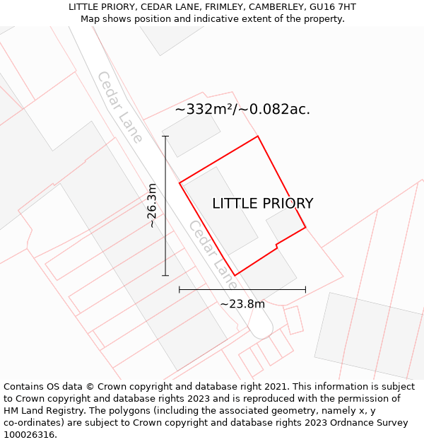 LITTLE PRIORY, CEDAR LANE, FRIMLEY, CAMBERLEY, GU16 7HT: Plot and title map