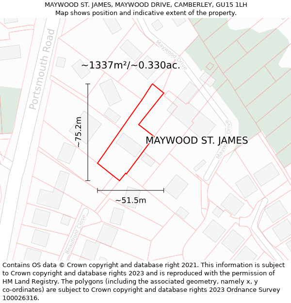 MAYWOOD ST. JAMES, MAYWOOD DRIVE, CAMBERLEY, GU15 1LH: Plot and title map