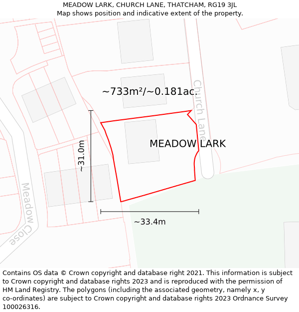 MEADOW LARK, CHURCH LANE, THATCHAM, RG19 3JL: Plot and title map