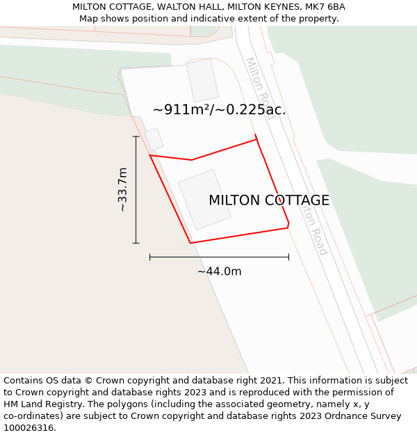 MILTON COTTAGE, WALTON HALL, MILTON KEYNES, MK7 6BA: Plot and title map