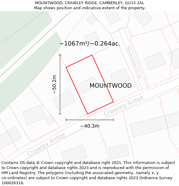 MOUNTWOOD, CRAWLEY RIDGE, CAMBERLEY, GU15 2AL: Plot and title map